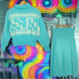 Vintage Abstract Retro Knit Turtleneck Balloon Sleeve Sweater Midi Skirt Set